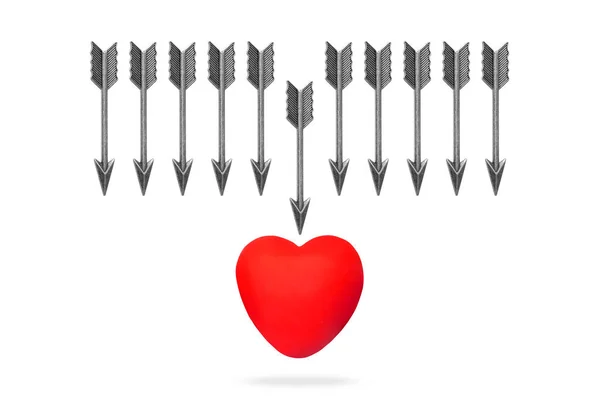 Group Steel Bow Arrows Attacking Red Heart Shape Isolated White — ストック写真