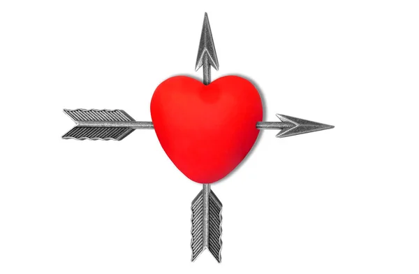 Large Red Heart Shape Pierced Two Feathered Arrows Cross Direction — ストック写真