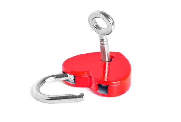 Silver Toned Key Small Open Red Heart Shaped Padlock Isolated — Stockfoto