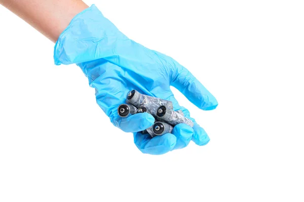 Close Human Hand Blue Nitrile Glove Holding Bunch Heavily Corroded — Photo
