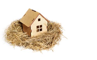 Wooden house model in a bird's nest isolated on white. Sweet home concept.