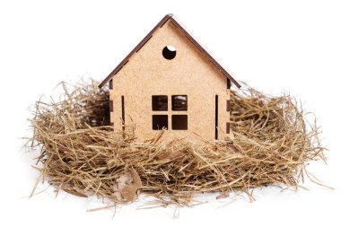New house in a hay nest isolated on white background, close-up. Making home a safe place.
