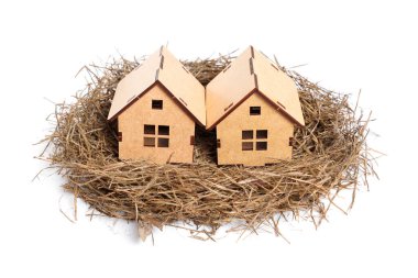Two small wooden house models in a bird's nest isolated on white. Sweet home concept.