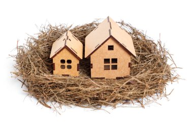 Large and small houses in a hay nest isolated on neutral background. Safe residential estate concept.