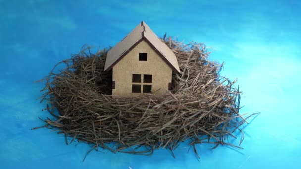 Light Passing Wooden House Bird Nest Isolated Blue Background — Stockvideo