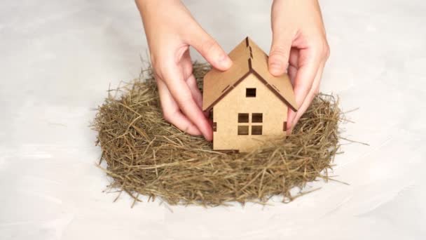 Hands Placing Two Miniature Wooden House Models Hay Nest Isolated — Stockvideo