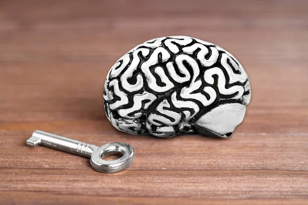 Steel copy of a human brain and a silver-toned master key on a wooden background. Unlocking mental power.