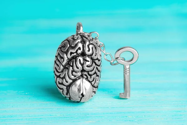 Silver-toned master key chained to an anatomical human brain copy isolated on blue wooden background. Key to mental wellbeing.