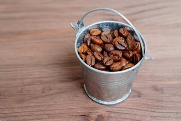 Miniature Steel Bucket Roasted Coffee Beans Wooden Background — Fotografia de Stock