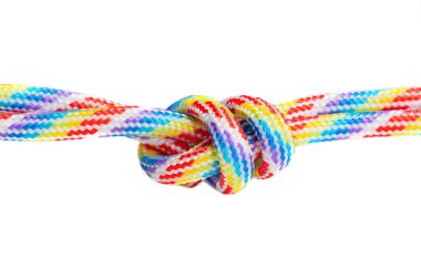 Two multicolored braided cords knotted together isolated on white background. Creative unity concept.