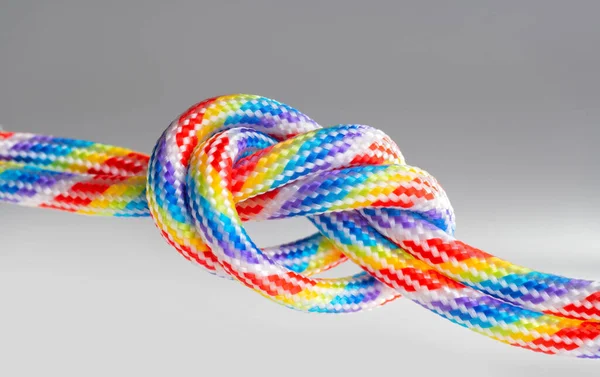Two Colorful Braided Cords Tied Together Isolated Gray Background Creative — Stockfoto