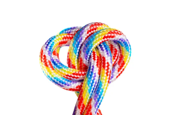 Knot Made Intertwined Rainbow Colored Threaded Cords Isolated White Background — Stock fotografie