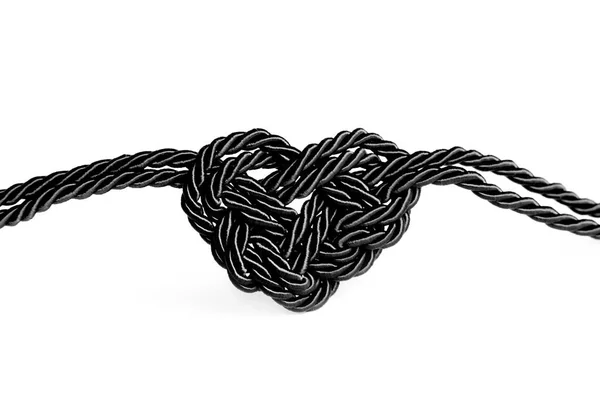 Heart Shaped Knot Made Black Braided Cords Isolated White Background — Fotografia de Stock