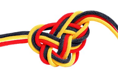 Celtic love knot made from multicolored braided cords isolated on white background. Creative allies concept.