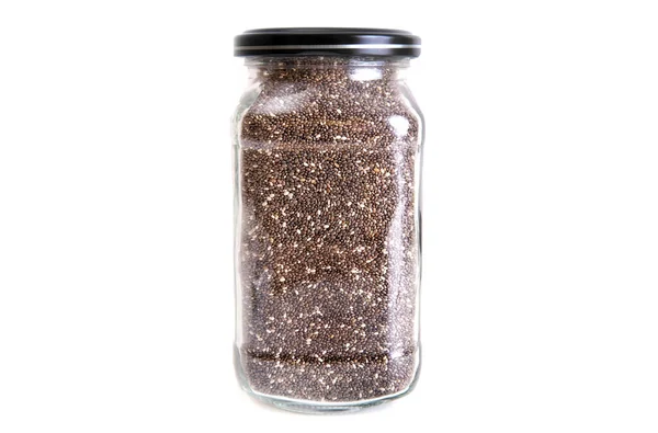 Close Glass Jar Chia Seeds Isolated White — Stockfoto