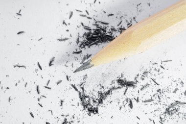 Close-up of a sharpened pencil and graphite shavings on white background.