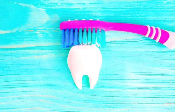 Colorful Toothbrush Touching Top Large White Tooth Isolated Blue Wooden — Stock Photo, Image