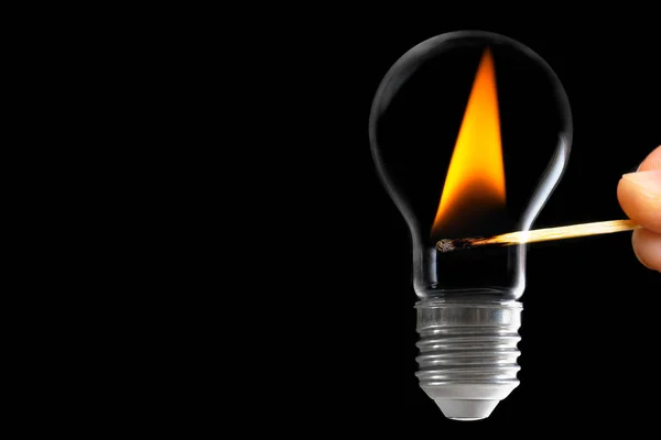 Hand Lights Incandescent Light Bulb Match Black Creative Power Fuel — Stock Photo, Image