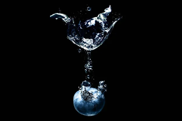 Fresh Blueberry Dropped Water Splashes Black Background — 스톡 사진