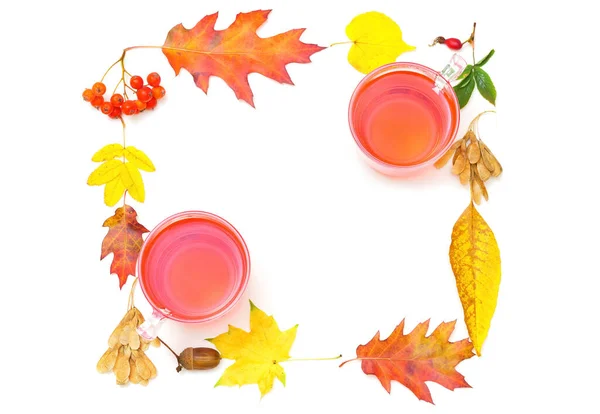Two Mugs Hot Red Colored Drinks Framed Bright Autumn Leaves — Photo