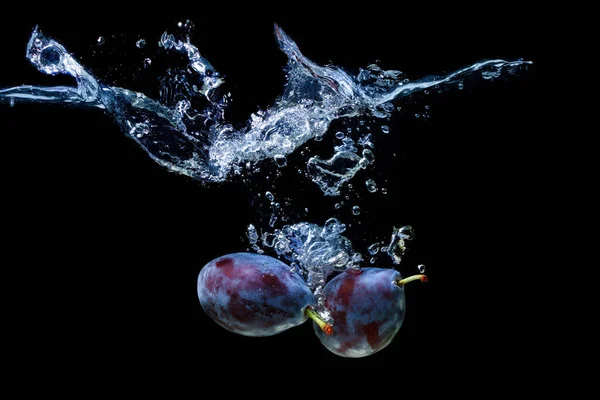 Damson plums dropped in water with splashes and waves isolated on black background.