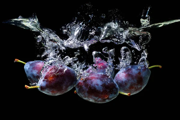 Bunch Ripe Purple Damsons Dropped Water Splashes Isolated Black Background — Foto Stock