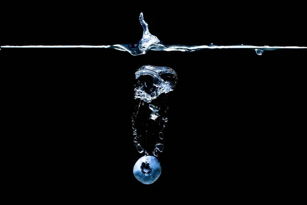 Single blueberry dropped in water with splashes isolated on black background