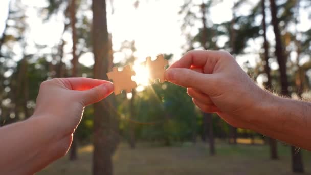 Mani Che Collegano Due Pezzi Puzzle Contro Luce Del Sole — Video Stock