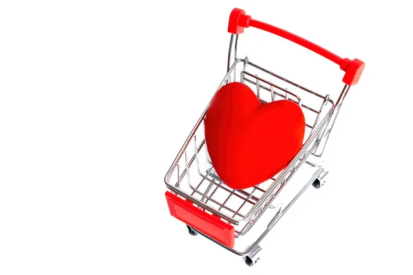 Miniature Push Cart Large Red Heart Isolated White Background Romantic — Stock Photo, Image