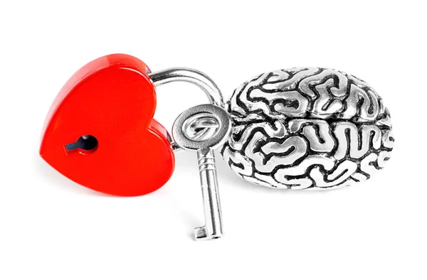 Ludzki Mózg Połączony Czerwoną Kłódką Kształcie Serca Kluczem Odizolowanym Białym — Zdjęcie stockowe