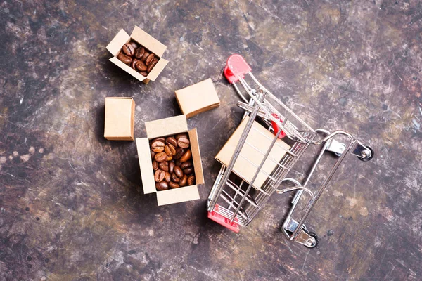 Concept Approvisionnement Café Commerce Livraison Minuscules Boîtes Expédition Avec Grains — Photo