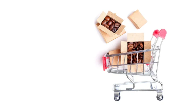 Мініатюрні Супермаркети Штовхають Візки Іграшкові Картонні Коробки Повні Темних Обсмажених — стокове фото