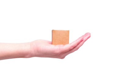 Beyaz arka planda izole edilmiş bir kadının eline yerleştirilmiş küçük bir nakliye kutusu..