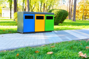 Atık toplama ve güneşli bir günde halka açık bir parkta tasnif için renkli çöp kutuları. Çöp öğütme kavramı.