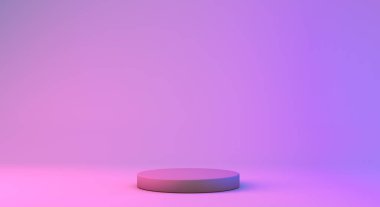 3d görüntüleme, pembe ve mor neon renklerle daire podyumunu kapat, kopya veya tasarım için boş alan, arkaplan için soyut gerçekçi model.