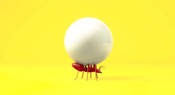 Rendering Close Realistic Red Ant Lifting White Candy Ball Blank — Stock Photo, Image