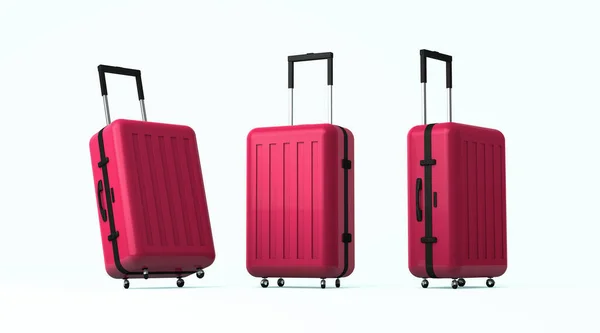 3D渲染 接近一组带有不同侧面的红色行李箱 在白色背景下隔离 — 图库照片