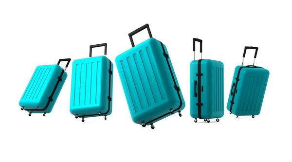 3D渲染 一组紧密的蓝色绿色行李箱 具有不同侧面的模型 在白色背景下隔离 — 图库照片