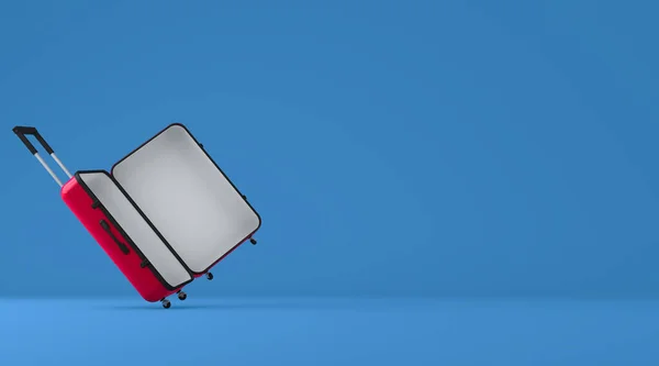3D görüntüleme, kırmızı bavulu kapat, maket yap, kopya veya tasarım için boş alan, mavi renk arkaplan.