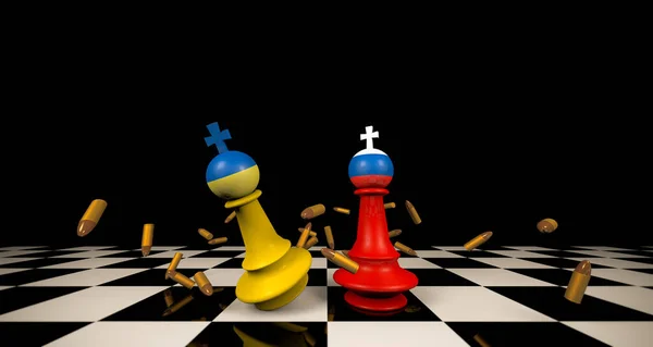 Satranç tahtasının etrafında uçan mermiler, satranç tahtası ve arka planda gölge karanlığında Ukrayna ve Rusya bayrağını kapatın..