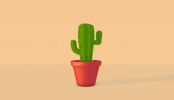 Rendering Realistic Mock Cactus Red Pot Sunlight Yellow Pastel Color — Photo