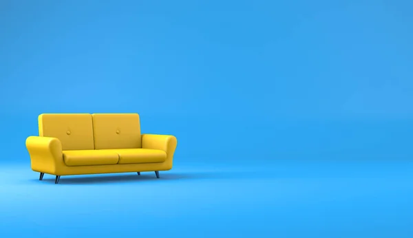 3D görüntüleme, boş modern ve minimalist sarı kanepe, kopya veya tasarım için boş alan, mavi arkaplan.