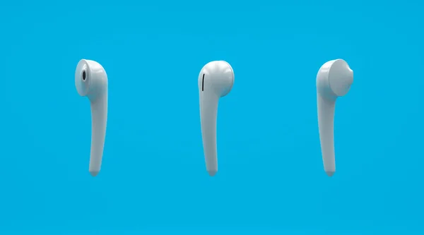 Close up white bluetooth earphone mock up, 3 side view, 3d rendering, isolated on blue background.