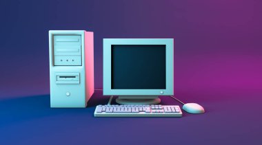 3D rendering, Close up white PC computer set mock up, front view shot, empty space for copy, pink and purple neon color background.