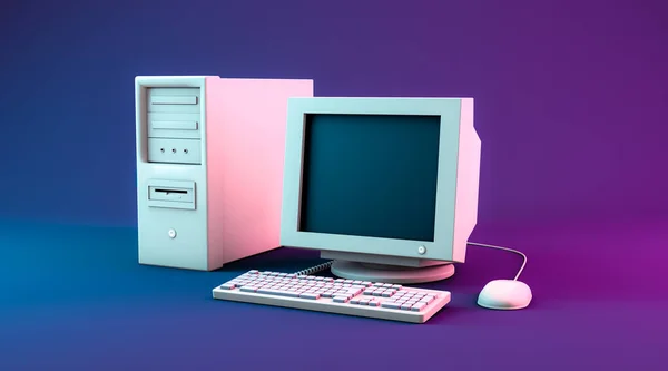 3D görüntüleme, beyaz bilgisayarı kapat, maket yap, kenar görünümü görüntüsü, kopya için boş alan, pembe ve mor neon renk arkaplan.