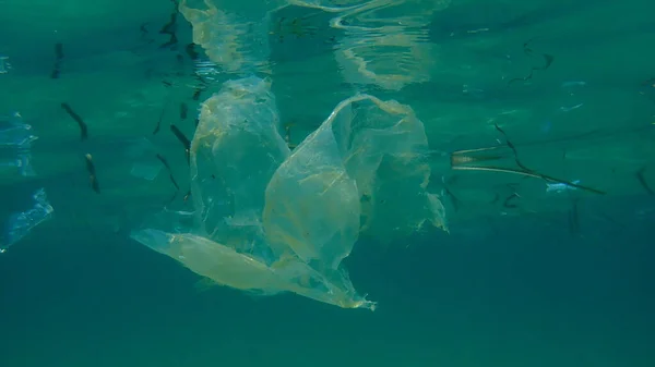 Spazzatura Plastica Sott Acqua Mar Egeo Grecia Calcidica Inquinamento Marino — Foto Stock