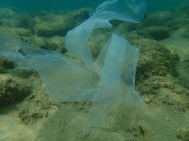 Suyun altında plastik çöp, Ege Denizi, Yunanistan, Halkidiki. Deniz kirliliği.