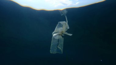 Suyun altında plastik çöp, Ege Denizi, Yunanistan, Halkidiki. Deniz kirliliği.