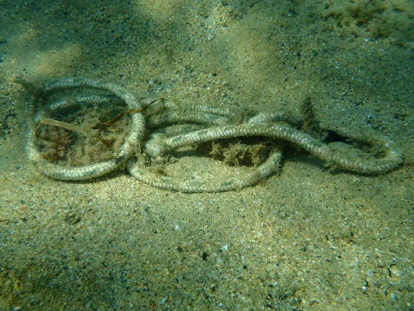 Rope Underwater Aegean Sea Greece Halkidiki Sea Pollution — стокове фото