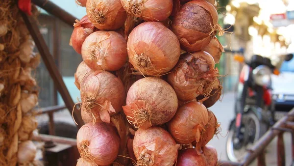 Bulanık Bir Arka Planda Kırmızı Soğan Veya Mor Soğan Allium — Stok fotoğraf